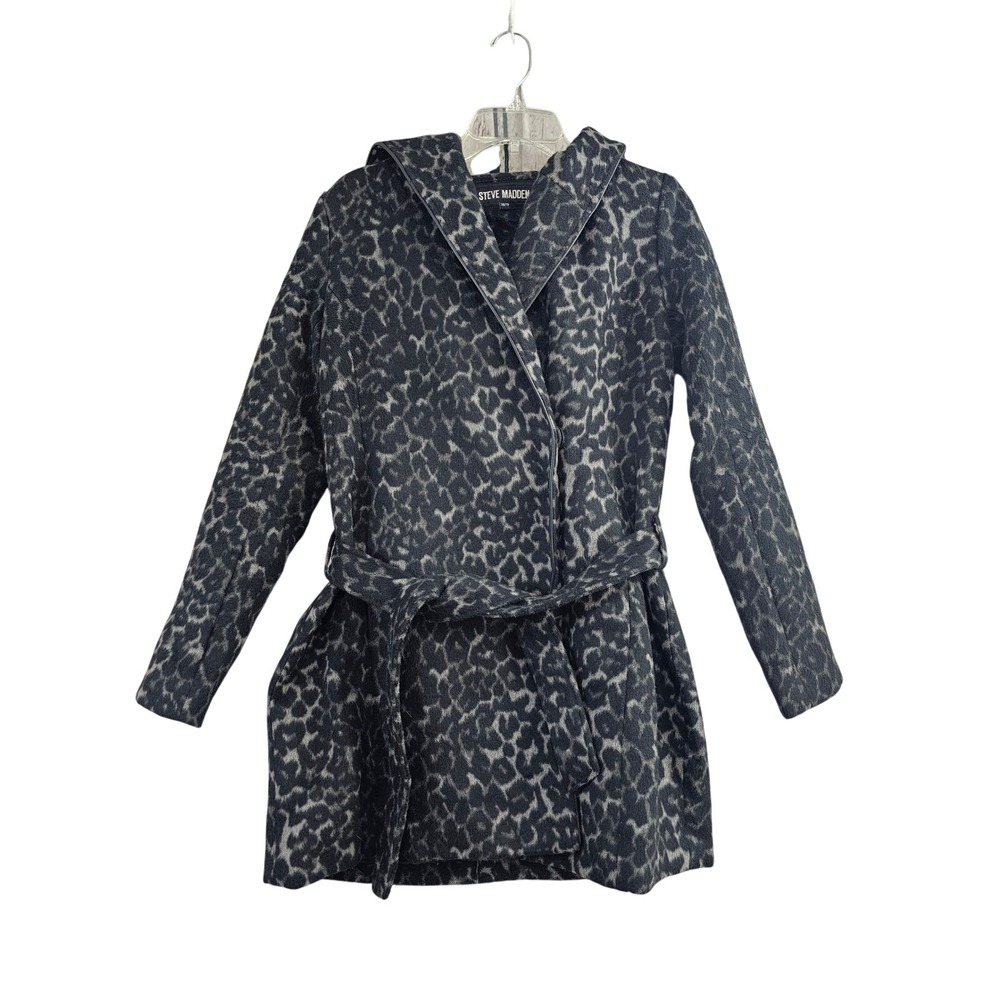 Steve Madden Hooded Wrap Coat Womens XS Grey Leopard Print Belted Wool Blend euc